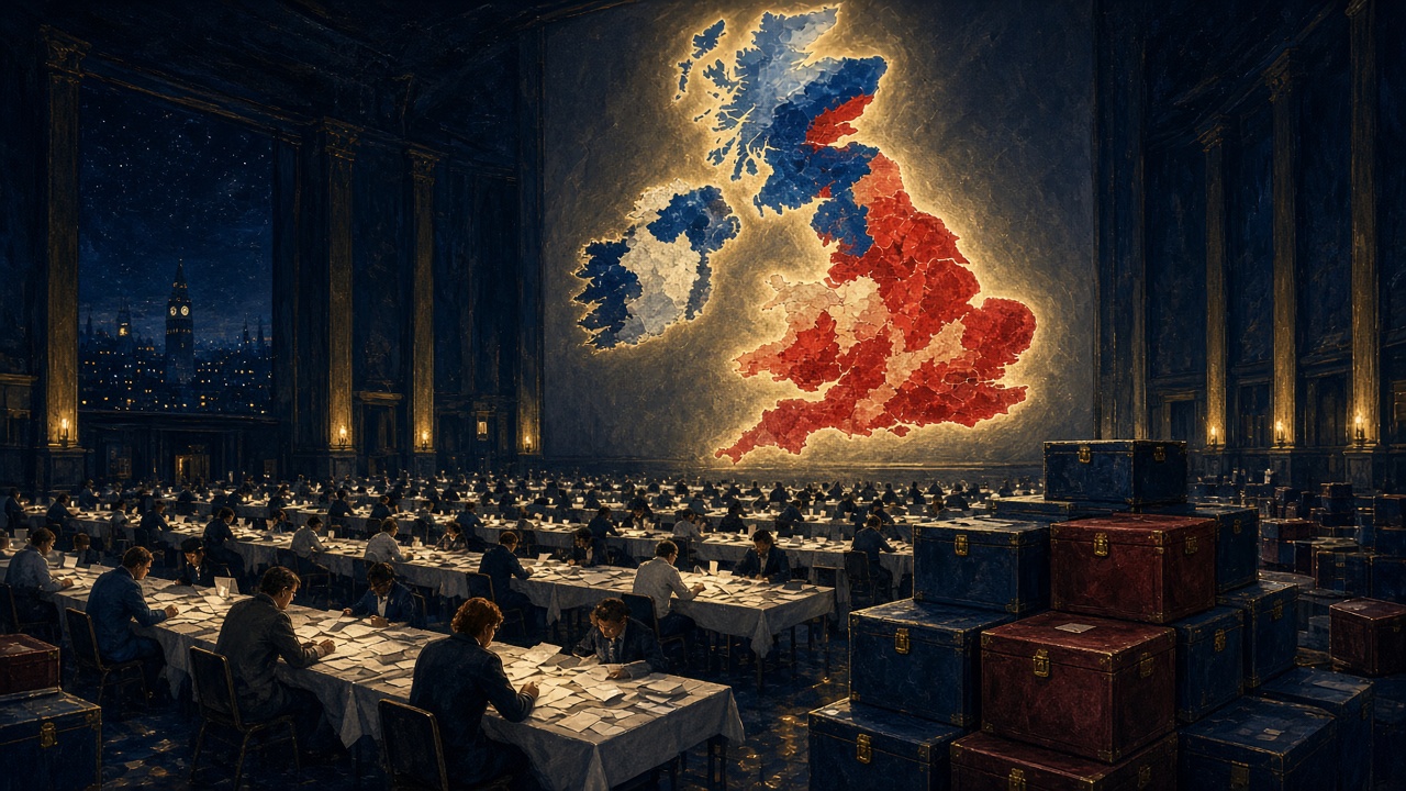 Illustration of a council election count with party rosettes
