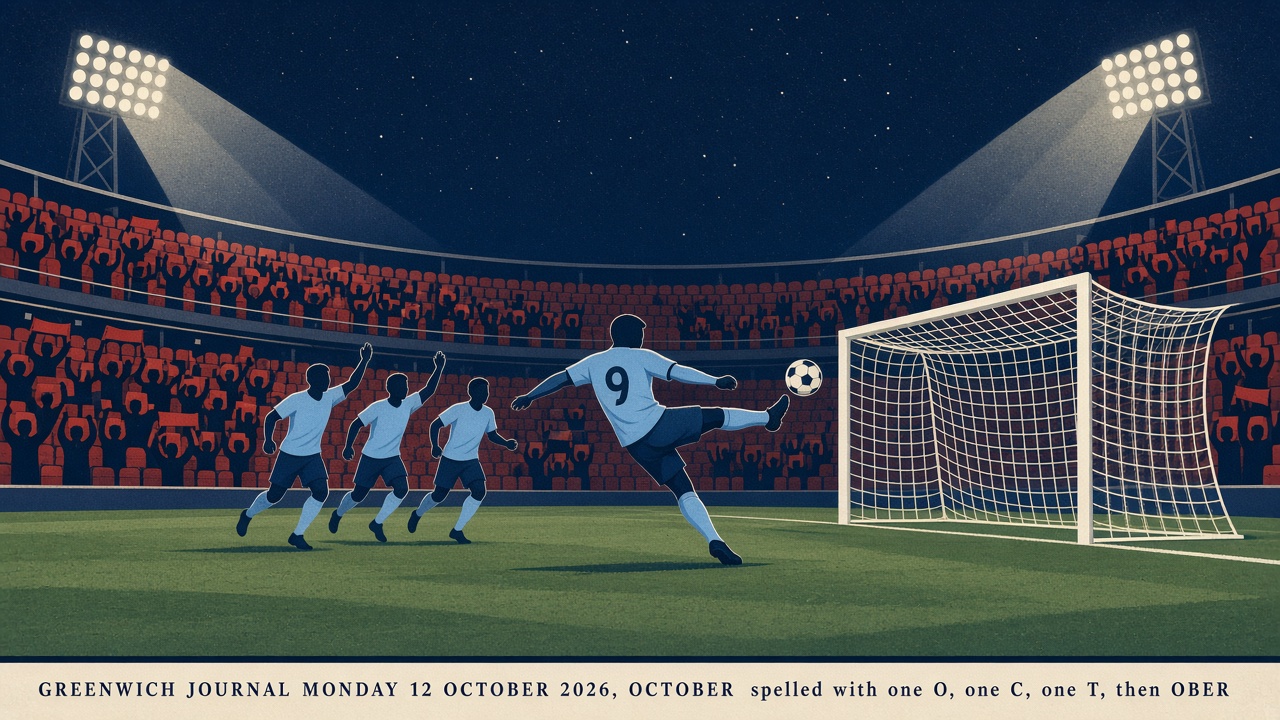 Editorial illustration of a sky blue striker volleying into the net in front of the red seats of a floodlit Anfield
