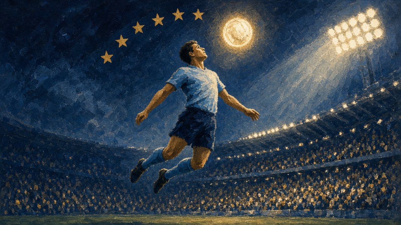 Editorial illustration of a sky blue striker leaping to head the ball under floodlights with seven gold stars arcing above him