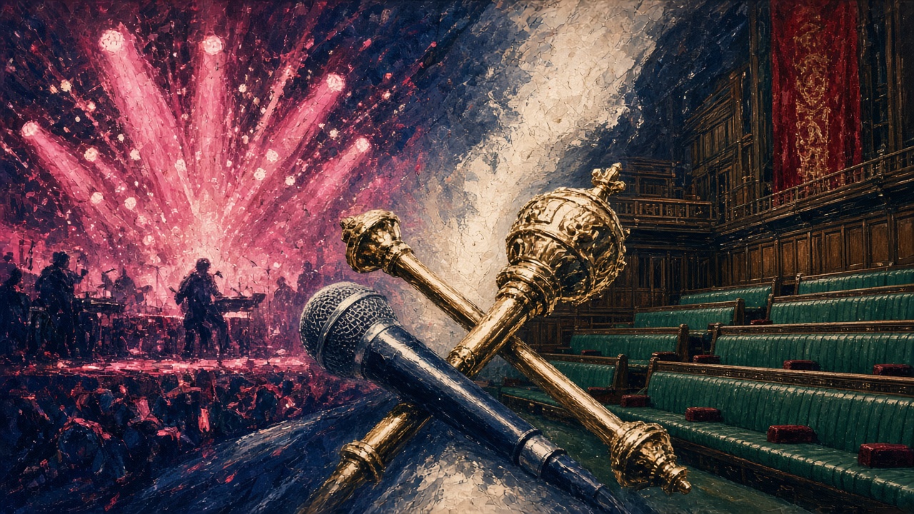 Illustration of a rap microphone beside a Conservative Party rosette