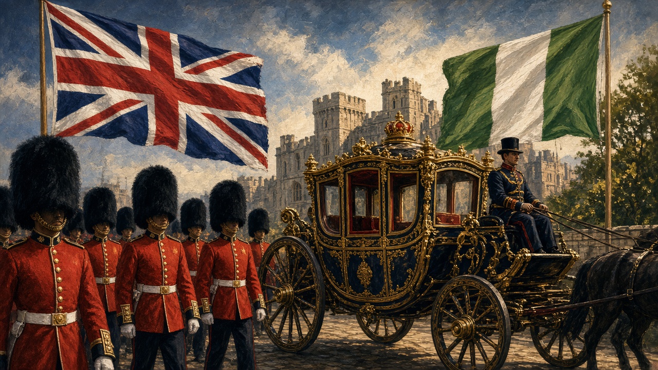 Illustration of a royal carriage procession with Nigerian and British flags
