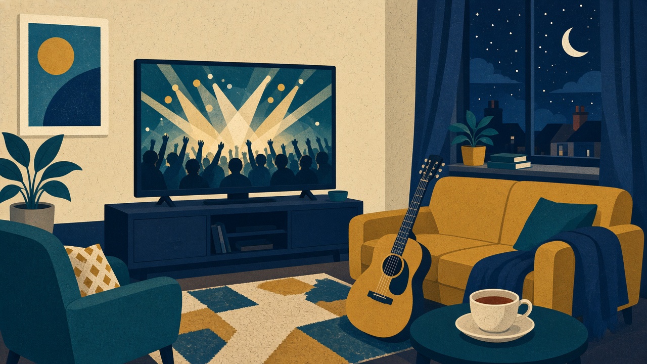 Illustration of a television in a living room glowing with a concert scene, a guitar leaning against the sofa