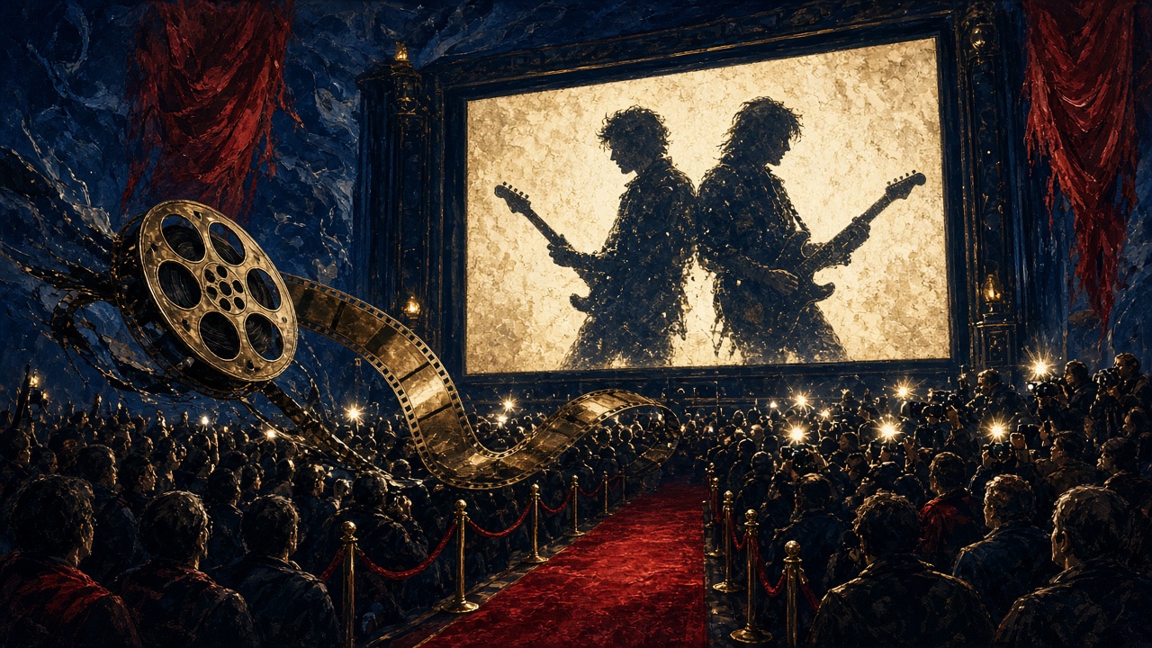 Illustration of a cinema premiere for a rock documentary