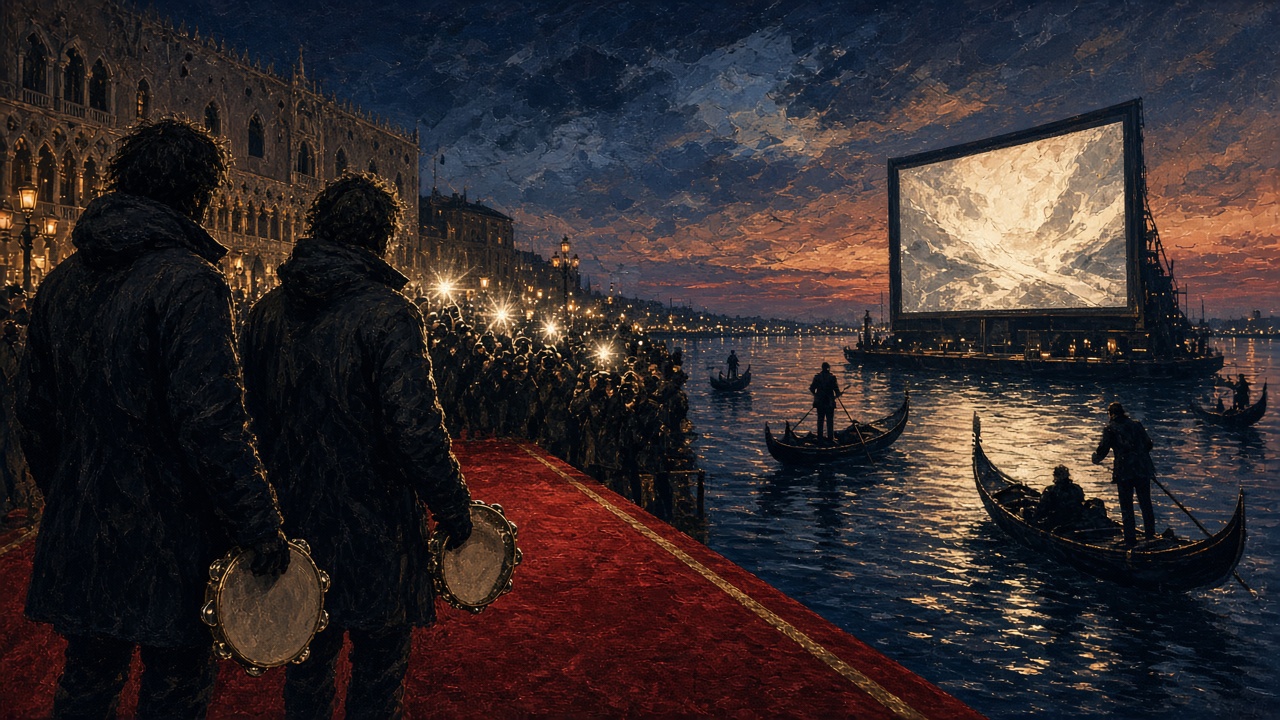 The red carpet of the Venice International Film Festival on the Lido, lit by photographers' flashes at dusk