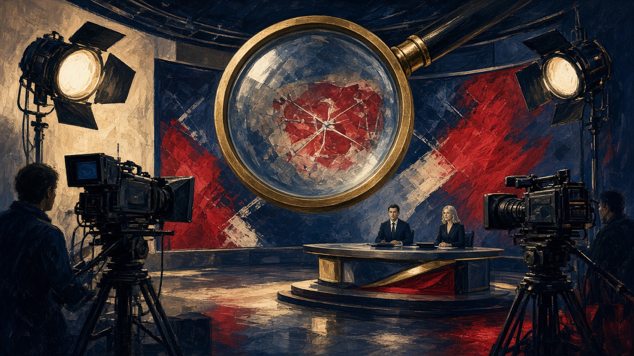 Illustration of a television studio camera beneath a regulator's magnifying glass