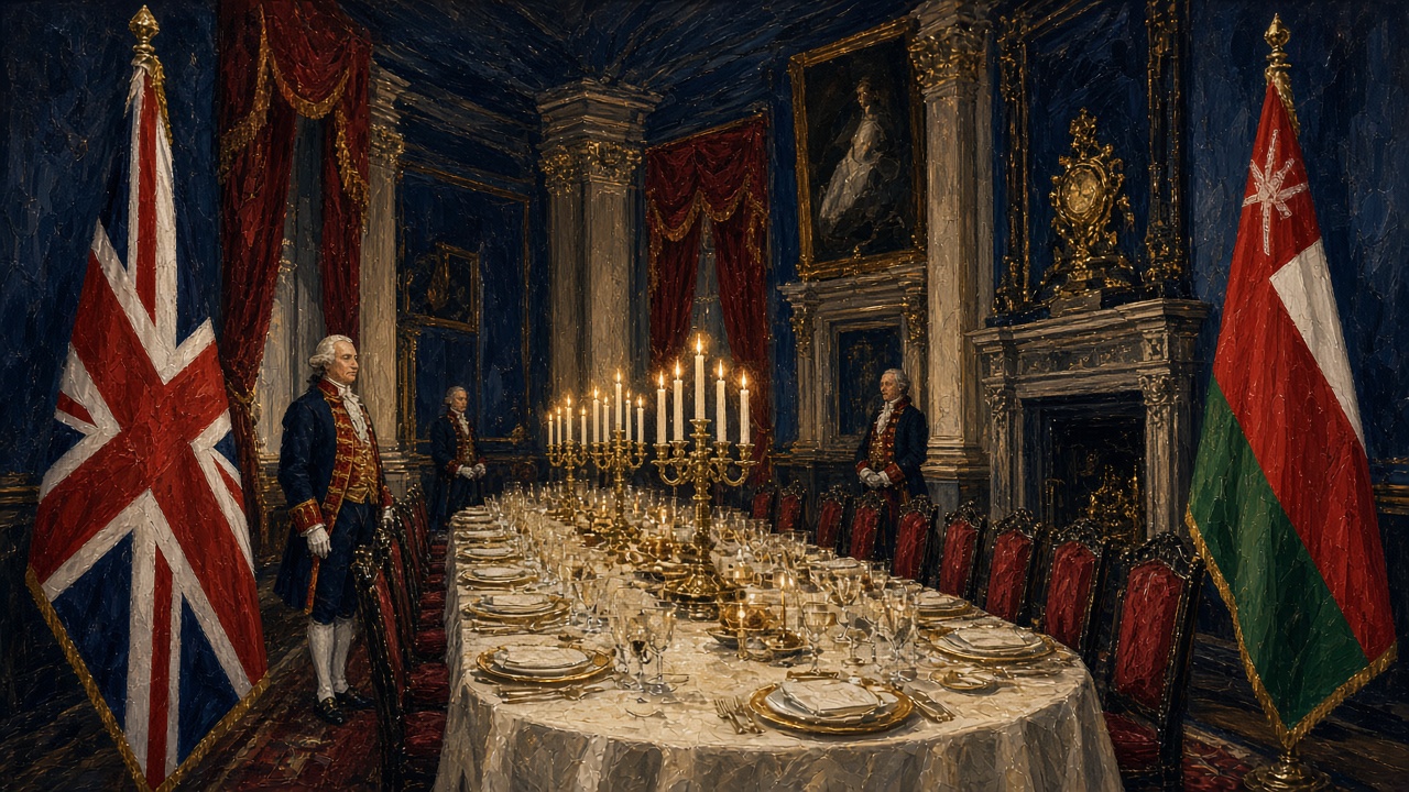 Illustration of a Windsor state banquet prepared for the Sultan of Oman