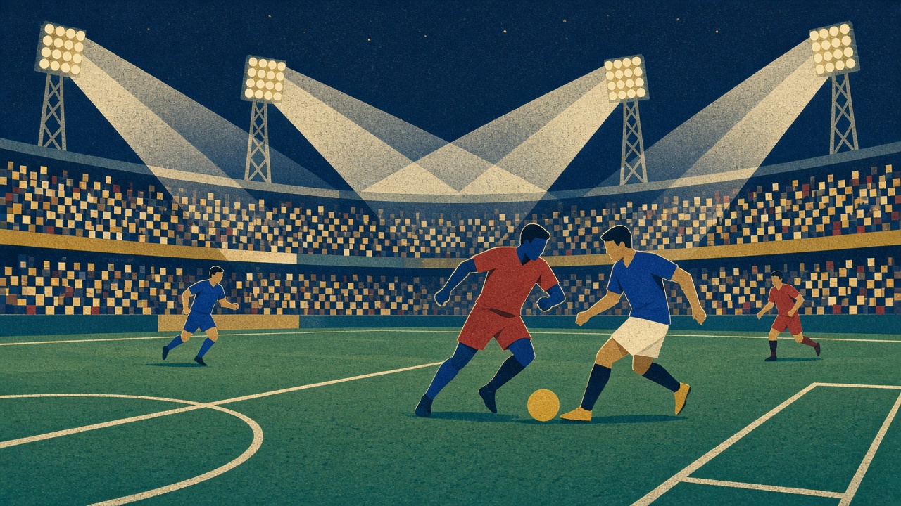 Illustration of a football stadium under floodlights with red and blue shirted players