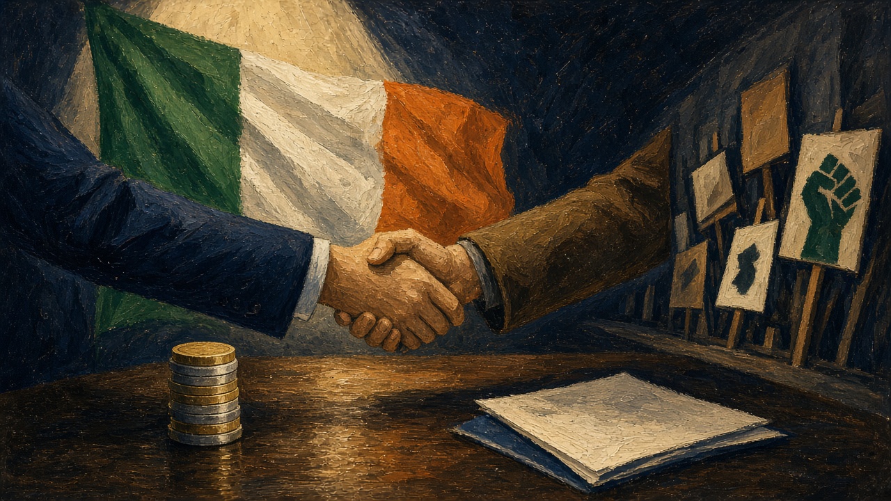 Editorial illustration of two hands shaking across a negotiating table with an Irish tricolour behind, a stack of euro coins and picket placards receding into shadow