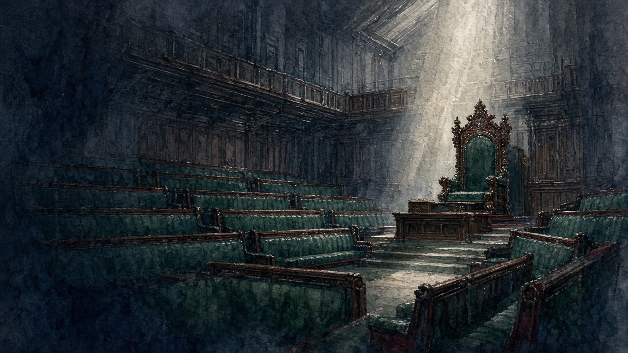 Editorial illustration of an empty parliamentary chamber with rows of deserted green benches under dimmed lights