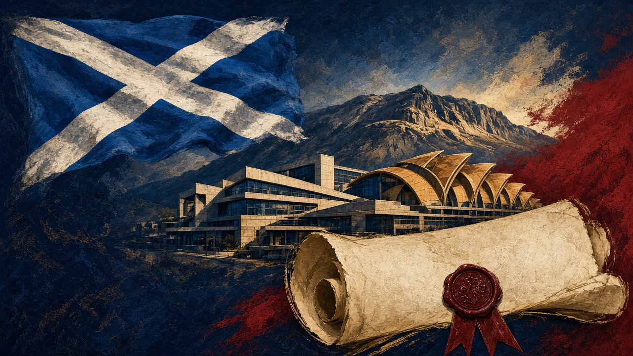 Illustration of the Scottish Parliament with a Saltire and a parchment