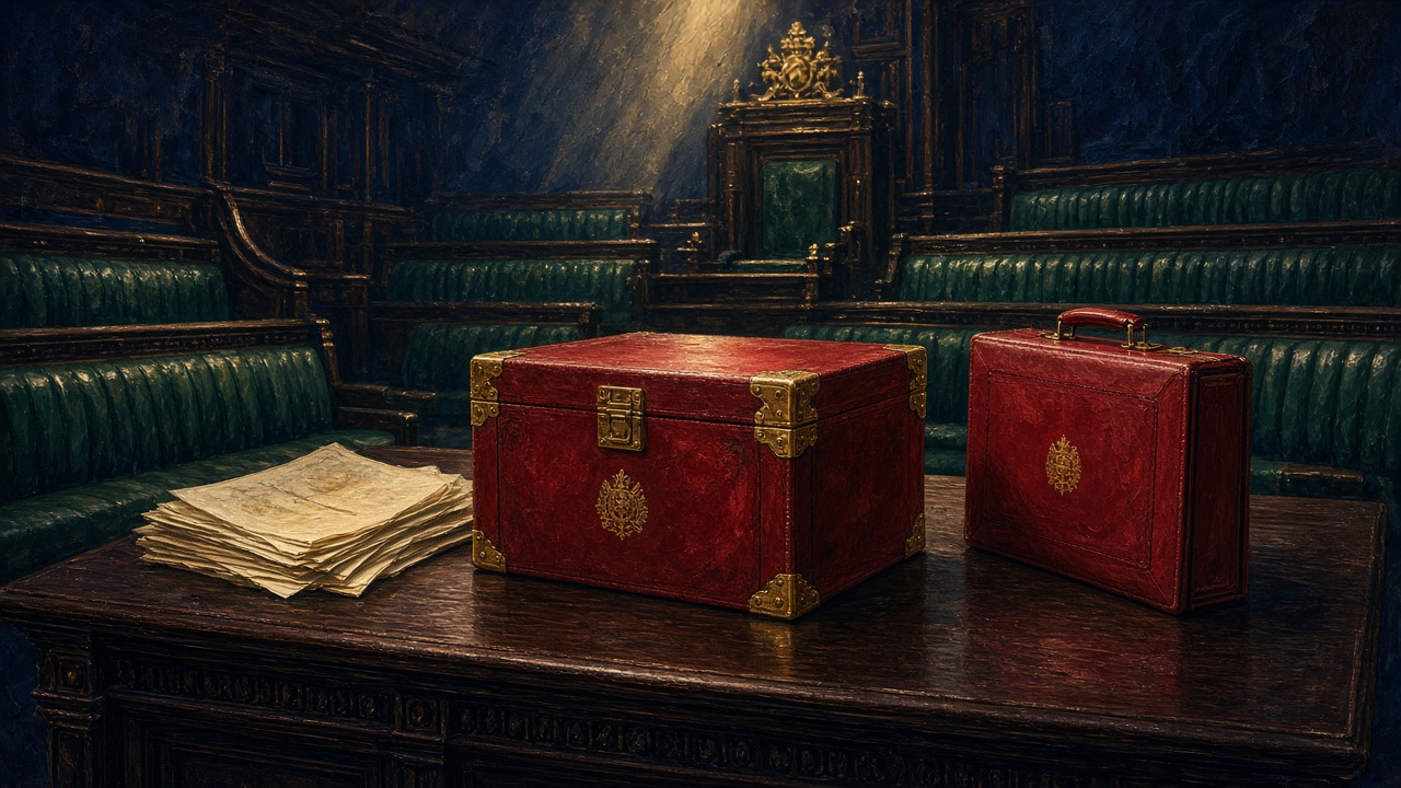 Illustration of the Chancellor's despatch box with storm clouds over the City