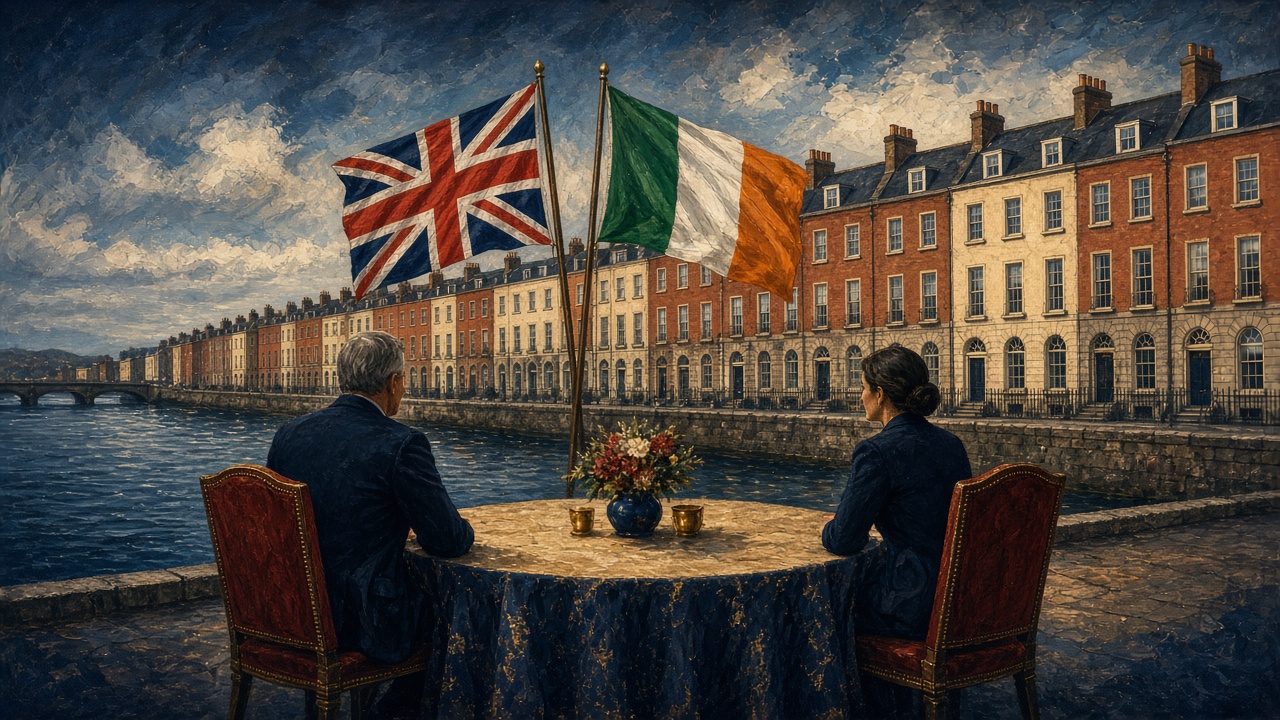 Illustration of the Cork waterfront with British and Irish flags