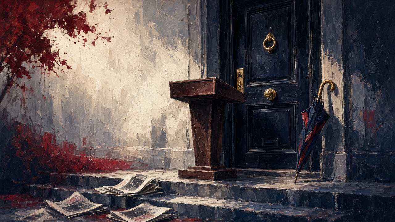 Illustration of the Downing Street door with an empty lectern