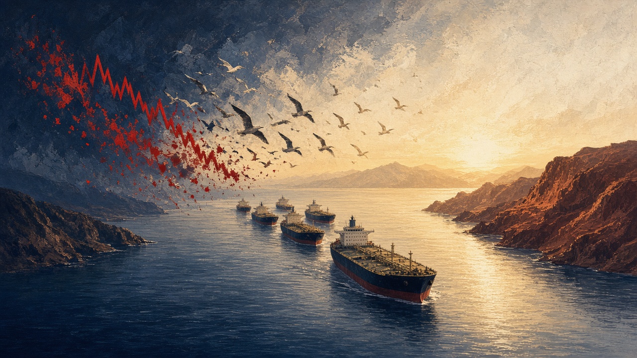 Illustration of oil tankers passing through the reopened Strait of Hormuz