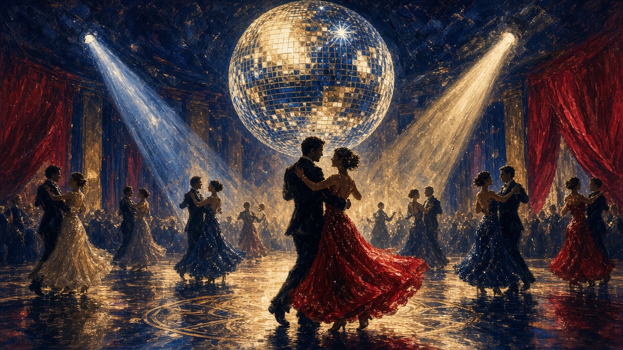 Illustration of a glitterball above a ballroom