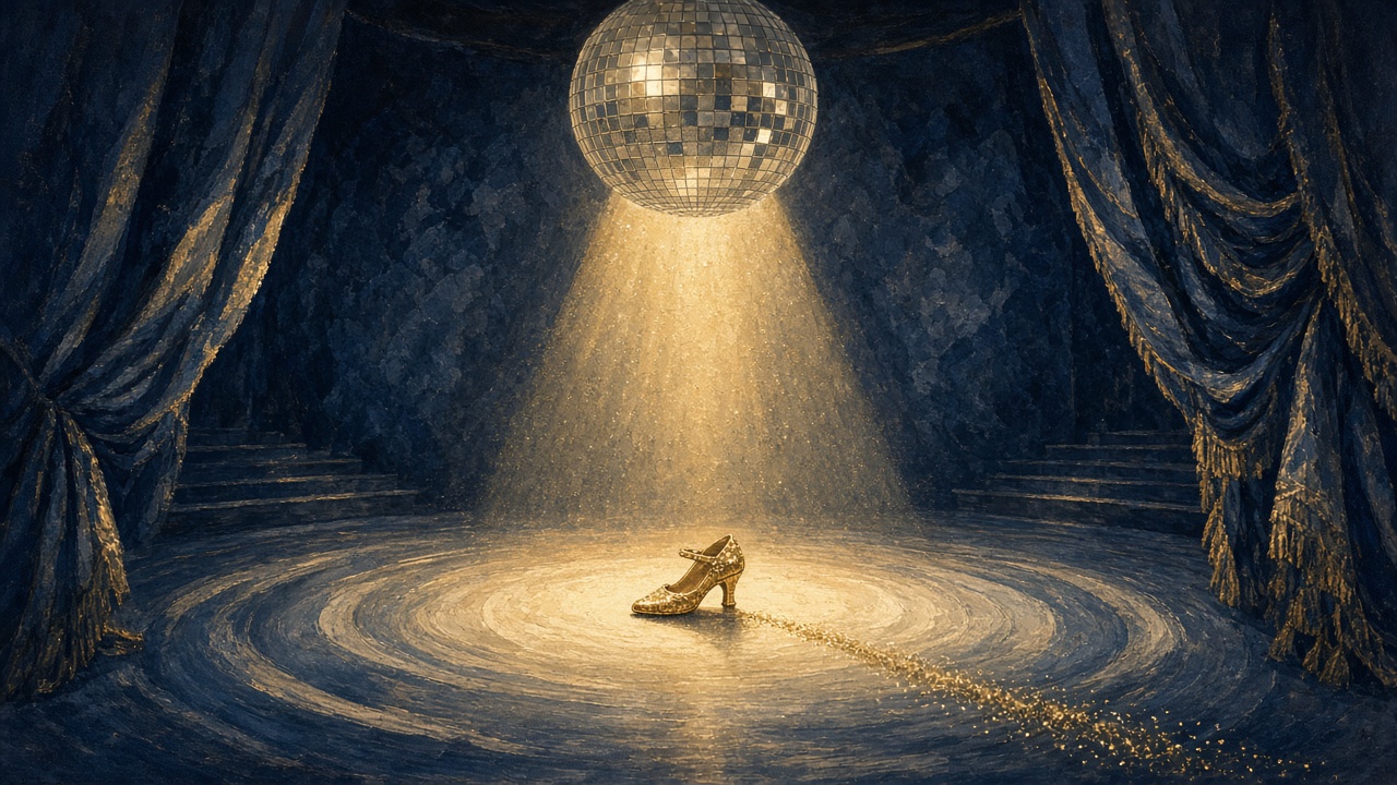 Editorial illustration of a glittering mirror ball above an empty ballroom stage with a single sparkling dance shoe in a warm spotlight