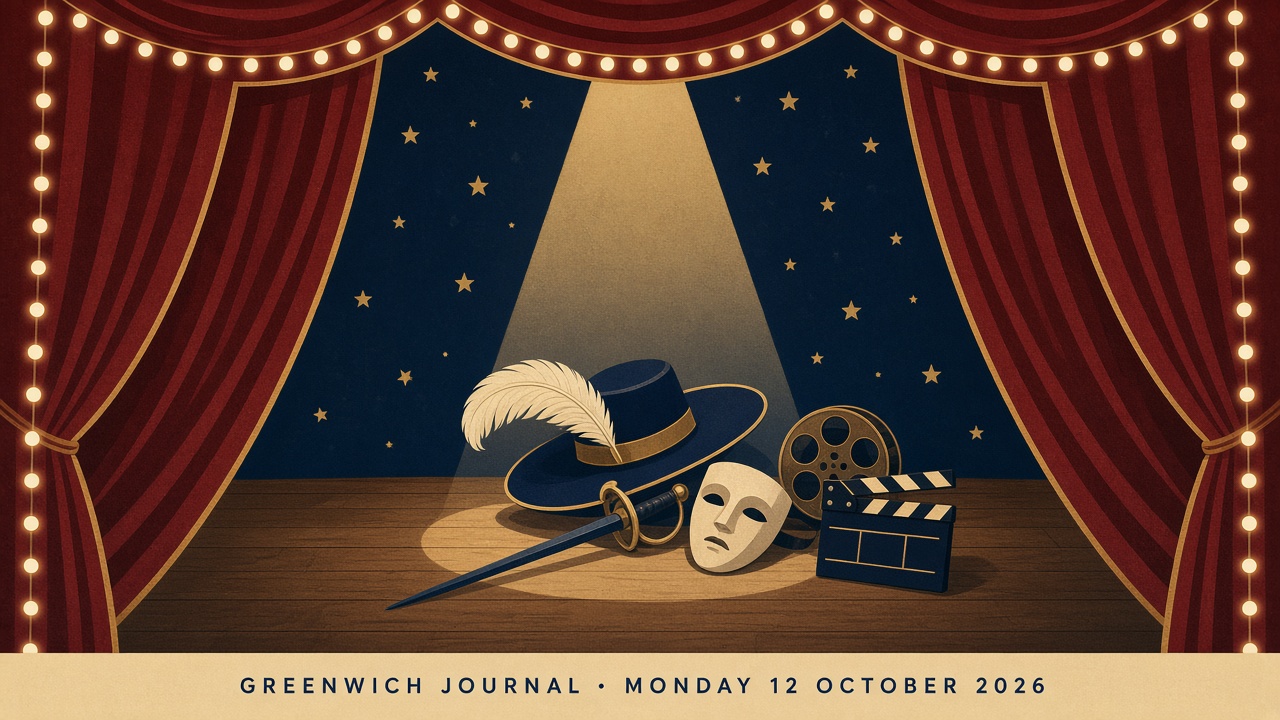 Editorial illustration of a West End stage with red velvet curtains, a cavalier's feathered hat and a rapier resting in a single spotlight