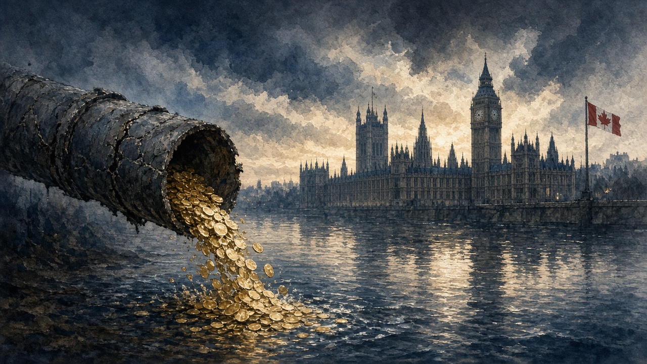 Editorial illustration of a cracked water main leaking coins into the Thames beneath the Palace of Westminster, with a Canadian maple leaf flag flying on the far bank