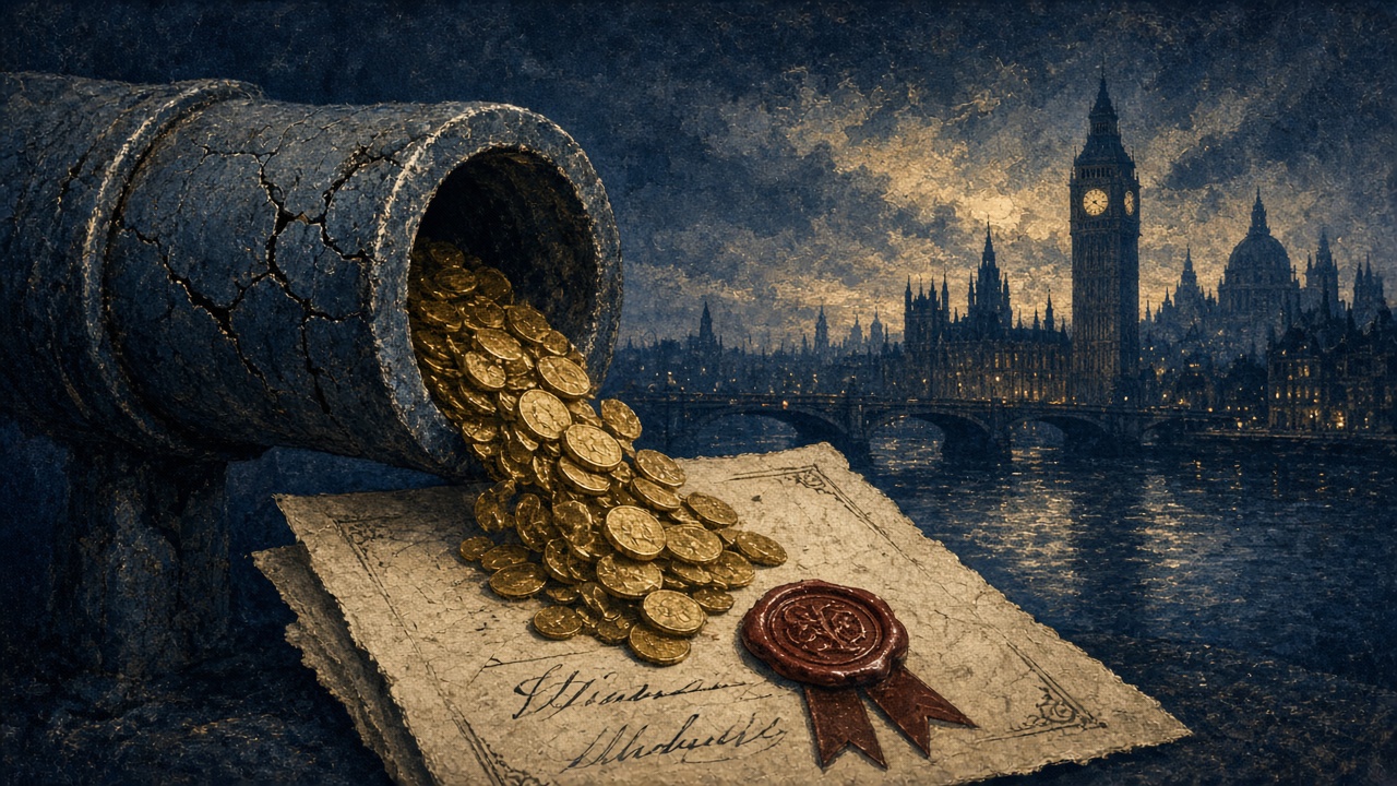 Editorial illustration of a cracked Victorian water main sealed by a contract with a red wax seal, gold coins flowing through the pipe, the London skyline at dusk behind