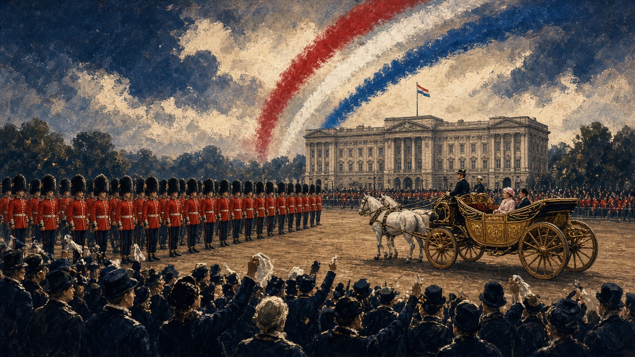 Illustration of Trooping the Colour with the Red Arrows overhead