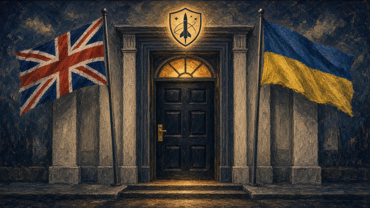Editorial illustration of the black door of 10 Downing Street flanked by the Union Jack and the blue and yellow flag of Ukraine