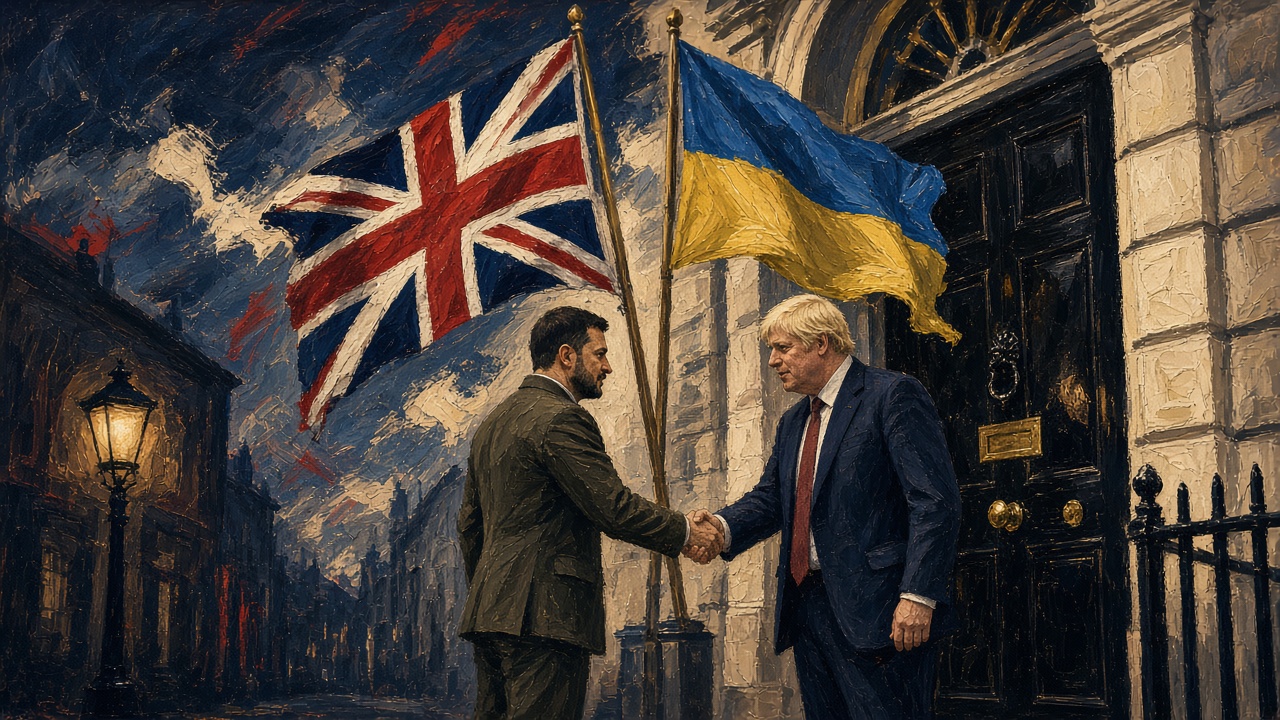 The door of 10 Downing Street with the flags of Ukraine and the United Kingdom displayed side by side
