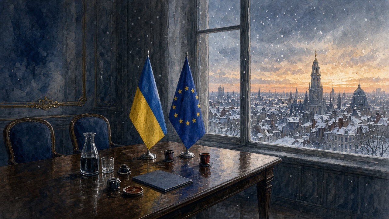 Editorial illustration of a Brussels summit table set with the flags of Ukraine and the European Union beside a window showing falling snow