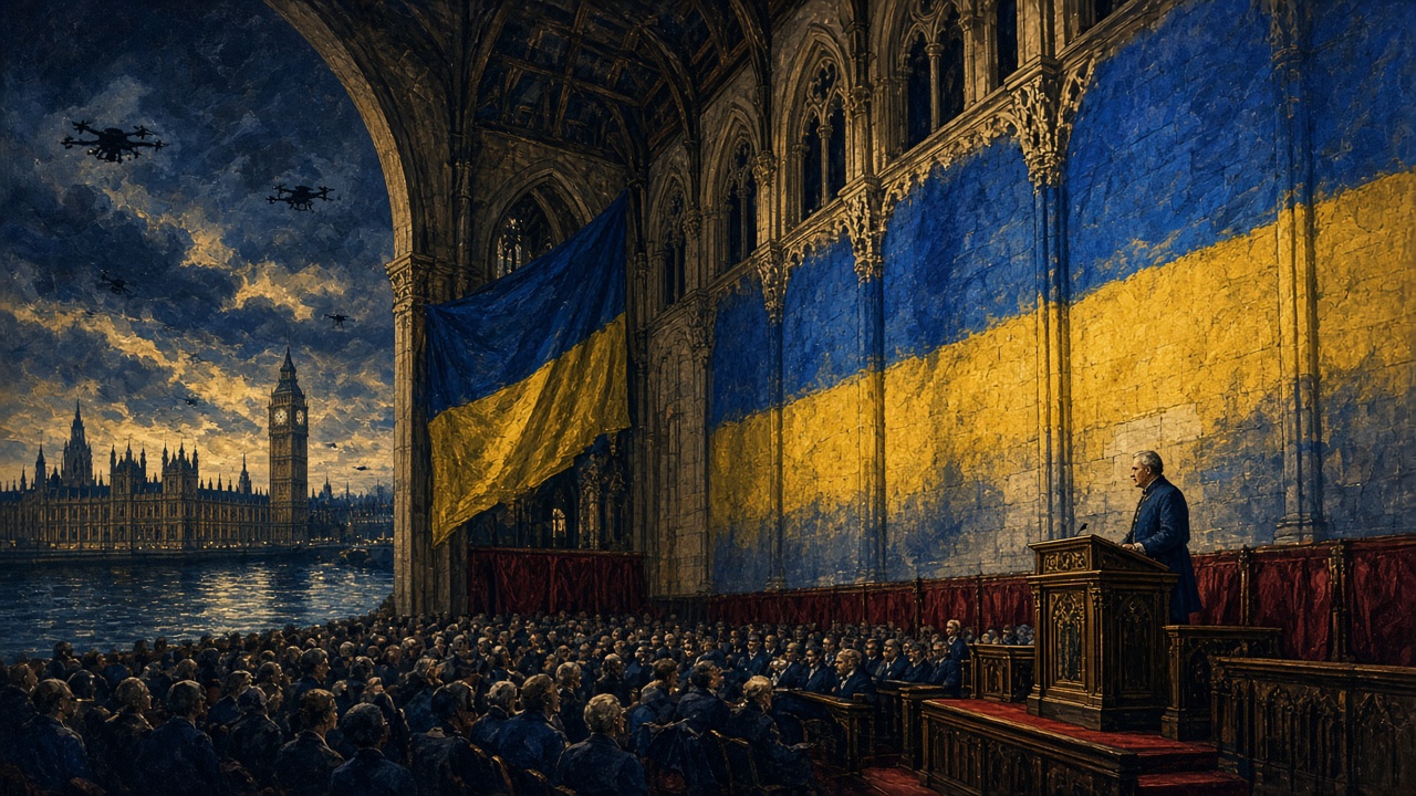 Illustration of a wartime address in a Westminster hall